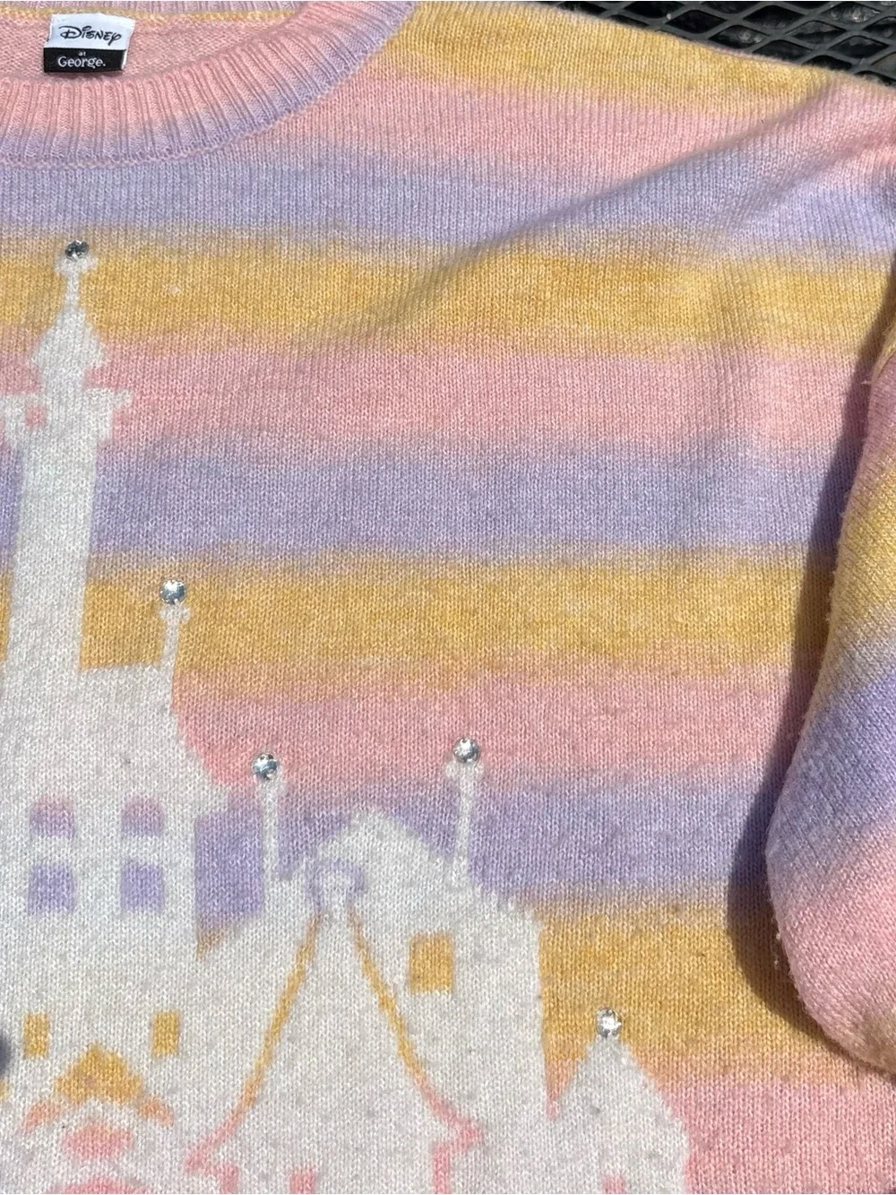 Disney Pastel Rainbow Castle Sweater Striped XL Pink Yellow Magic Kingdom